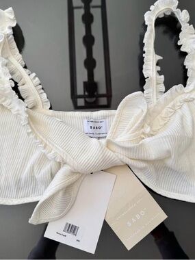 Sabo Morena Top - Cream Ribbed Ruffle Tie-Front Crop Top